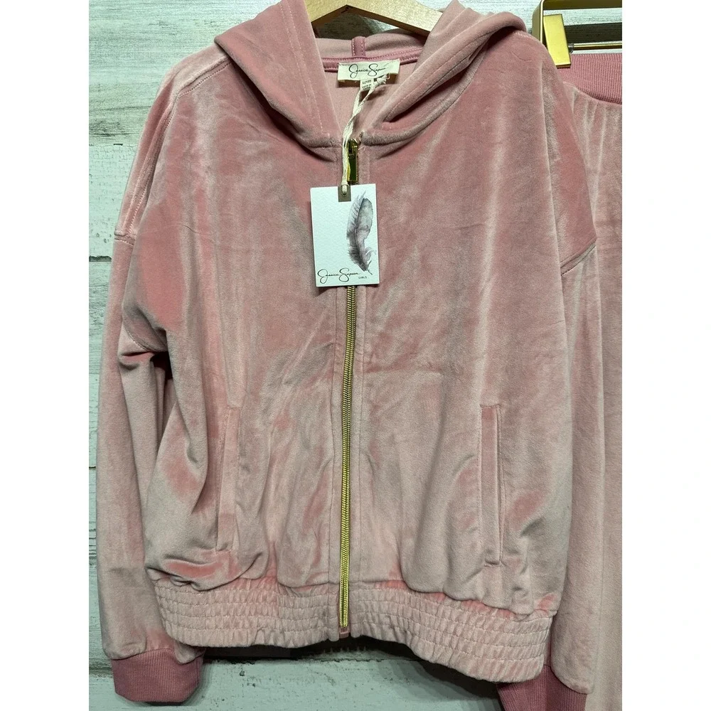 Jessica Simpson Tracksuit Set Girls 12 Blush Pink Velour Zip Hoodie Flare NWT